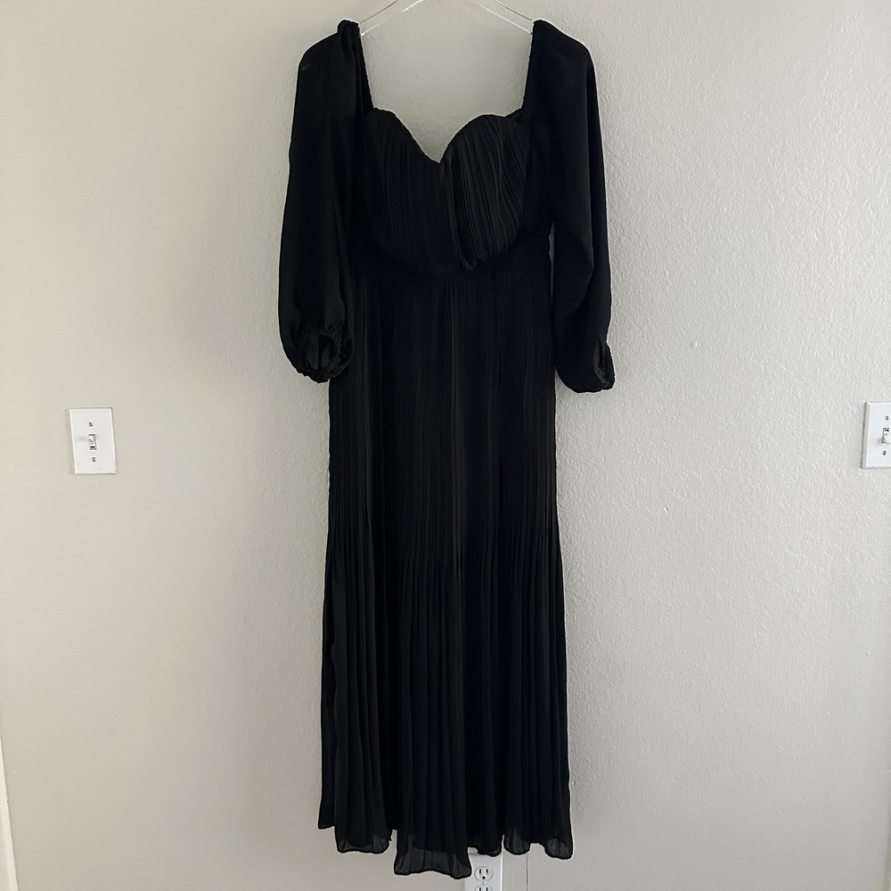 Bebe Maxi Dress XL Black Pleated Lace Up Corset Back Sweetheart Puff Sleeve Goth